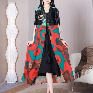 Leaf Patterned Front Tied Cardigan Silk Satin Over50 Clothing