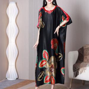 Huge Flowers Modest Caftan Heavy Silk Black Concert Dress