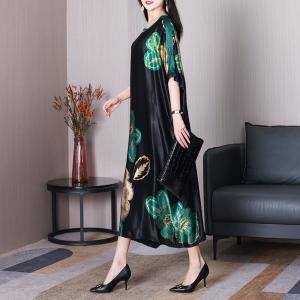 Huge Flowers Modest Caftan Heavy Silk Black Concert Dress