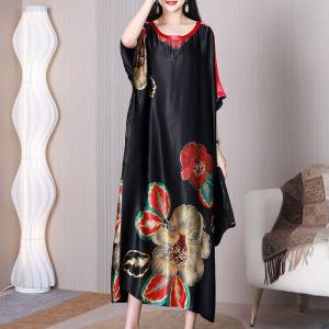 Huge Flowers Modest Caftan Heavy Silk Black Concert Dress