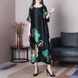 Huge Flowers Modest Caftan Heavy Silk Black Concert Dress