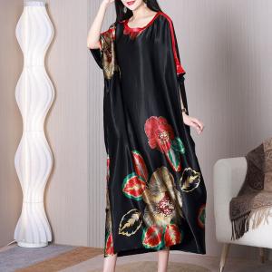 Huge Flowers Modest Caftan Heavy Silk Black Concert Dress