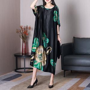 Huge Flowers Modest Caftan Heavy Silk Black Concert Dress