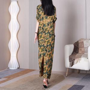 Leaf Printed Yellow Front Cross Dress Silk Maxi Kimono Dress