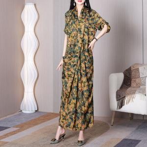 Leaf Printed Yellow Front Cross Dress Silk Maxi Kimono Dress