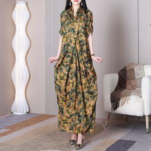Leaf Printed Yellow Front Cross Dress Silk Maxi Kimono Dress