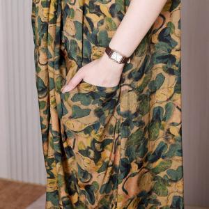 Leaf Printed Yellow Front Cross Dress Silk Maxi Kimono Dress