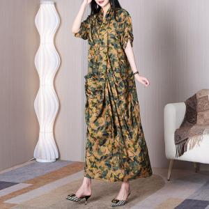 Leaf Printed Yellow Front Cross Dress Silk Maxi Kimono Dress