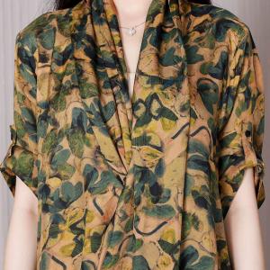 Leaf Printed Yellow Front Cross Dress Silk Maxi Kimono Dress