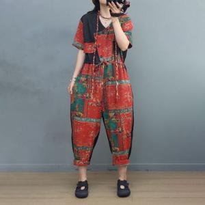 Front Tied Folk Jumpsuits Cotton Linen Travel Coveralls