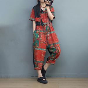 Front Tied Folk Jumpsuits Cotton Linen Travel Coveralls