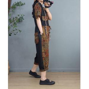 Front Tied Folk Jumpsuits Cotton Linen Travel Coveralls