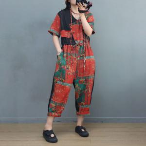 Front Tied Folk Jumpsuits Cotton Linen Travel Coveralls