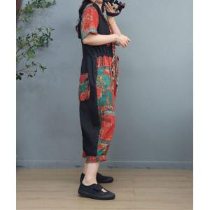 Front Tied Folk Jumpsuits Cotton Linen Travel Coveralls