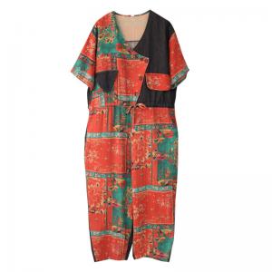 Front Tied Folk Jumpsuits Cotton Linen Travel Coveralls