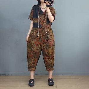 Front Tied Folk Jumpsuits Cotton Linen Travel Coveralls