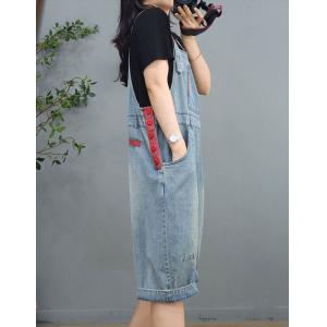 Preppy Style Light Wash Overalls Casual Cropped Bib Overalls