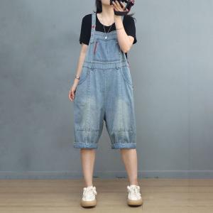 Preppy Style Light Wash Overalls Casual Cropped Bib Overalls