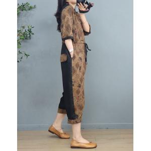 Folk Style Totem Patterned Jumpsuits Cotton Linen Tied Jumpsuits