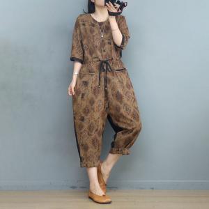 Folk Style Totem Patterned Jumpsuits Cotton Linen Tied Jumpsuits