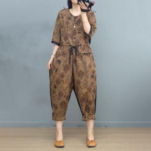 Folk Style Totem Patterned Jumpsuits Cotton Linen Tied Jumpsuits