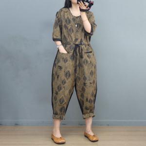 Folk Style Totem Patterned Jumpsuits Cotton Linen Tied Jumpsuits