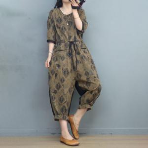 Folk Style Totem Patterned Jumpsuits Cotton Linen Tied Jumpsuits