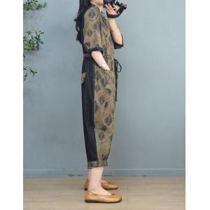 Folk Style Totem Patterned Jumpsuits Cotton Linen Tied Jumpsuits