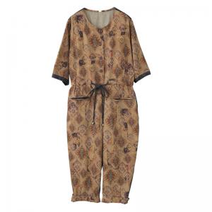 Folk Style Totem Patterned Jumpsuits Cotton Linen Tied Jumpsuits