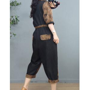 Folk Style Totem Patterned Jumpsuits Cotton Linen Tied Jumpsuits