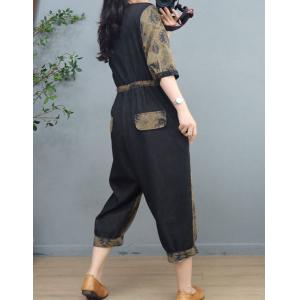 Folk Style Totem Patterned Jumpsuits Cotton Linen Tied Jumpsuits