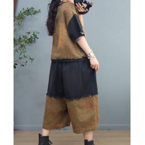 Denim Splicing Fringed T-shirt with Cotton Linen Wide Leg Pants