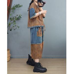 Denim Splicing Fringed T-shirt with Cotton Linen Wide Leg Pants