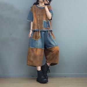 Denim Splicing Fringed T-shirt with Cotton Linen Wide Leg Pants