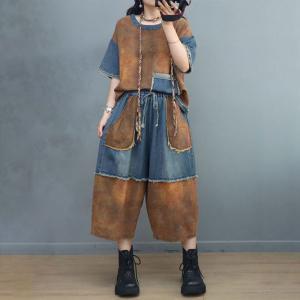 Denim Splicing Fringed T-shirt with Cotton Linen Wide Leg Pants