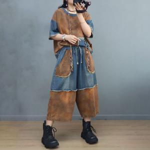 Denim Splicing Fringed T-shirt with Cotton Linen Wide Leg Pants