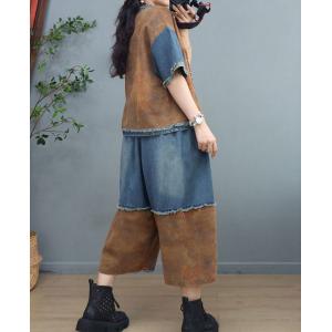 Denim Splicing Fringed T-shirt with Cotton Linen Wide Leg Pants