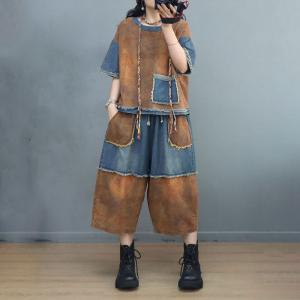 Denim Splicing Fringed T-shirt with Cotton Linen Wide Leg Pants