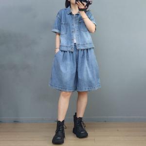 Polo Neck Light Wash Shacket Oversized Jean Short Jacket