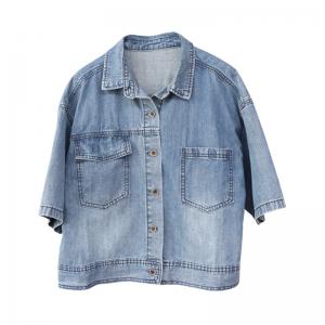 Polo Neck Light Wash Shacket Oversized Jean Short Jacket