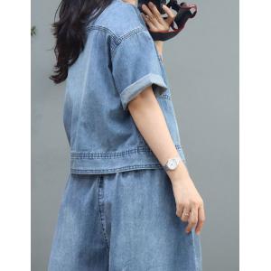 Polo Neck Light Wash Shacket Oversized Jean Short Jacket