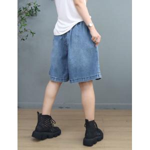 Elastic Waist Wide Leg Shorts Light Wash Jorts for Women