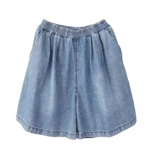 Elastic Waist Wide Leg Shorts Light Wash Jorts for Women