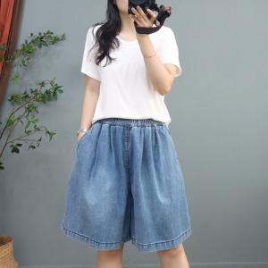 Elastic Waist Wide Leg Shorts Light Wash Jorts for Women