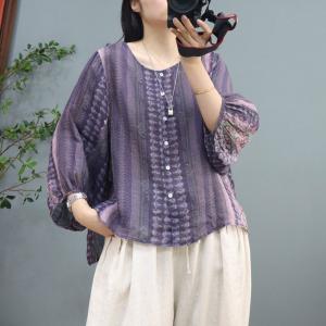 Balloon Sleeves Purple Blouse Loose Ramie Tropical Shirt