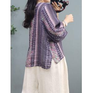 Balloon Sleeves Purple Blouse Loose Ramie Tropical Shirt