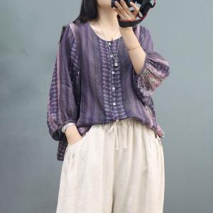 Balloon Sleeves Purple Blouse Loose Ramie Tropical Shirt