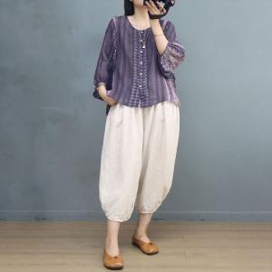 Balloon Sleeves Purple Blouse Loose Ramie Tropical Shirt