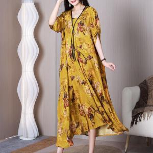 Yellow Flowers Flowy Maxi Dress Silky Elegant Dress