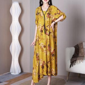 Yellow Flowers Flowy Maxi Dress Silky Elegant Dress